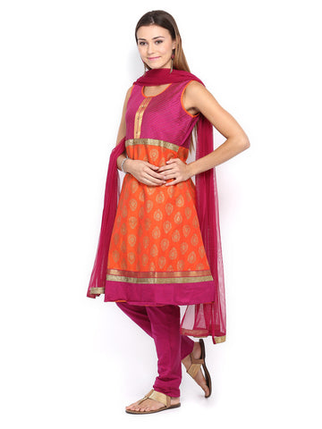 Gili Women Orange &amp; Magenta Printed Churidar Kurta with Dupatta