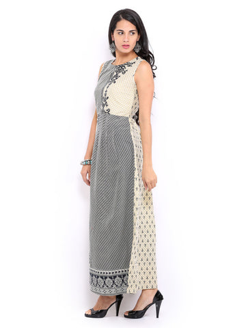 Global Desi Beige &amp; Black Printed Maxi Dress
