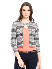 Global Desi Black &amp; White Printed Shrug