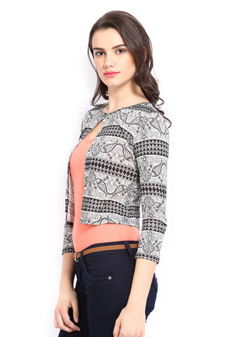 Global Desi Black &amp; White Printed Shrug