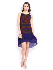 Global Desi Dark Blue Printed High-Low Dress