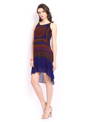 Global Desi Dark Blue Printed High-Low Dress