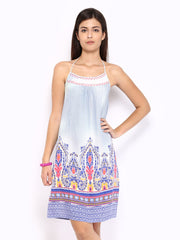 Global Desi Blue &amp; White Printed A-line Dress
