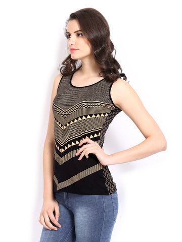 Global Desi Women Black &amp; Gold-Toned Printed Top