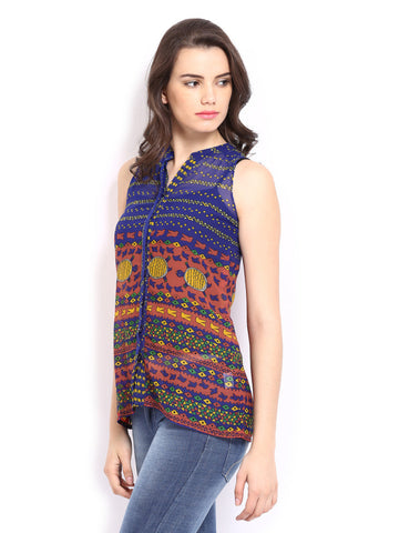 Global Desi Women Blue &amp; Red Printed Top