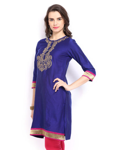 Global Desi Women Blue Art Silk Kurta