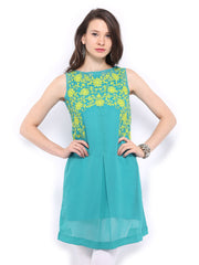 Global Desi Women Blue Embroidered Kurta