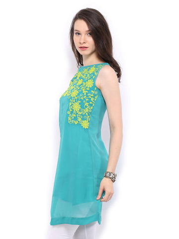 Global Desi Women Blue Embroidered Kurta