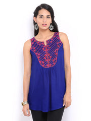 Global Desi Women Blue Embroidered Top