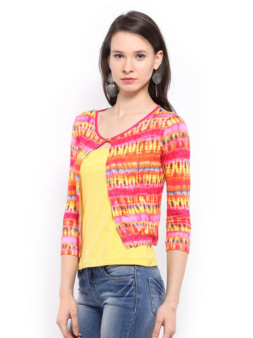 Global Desi Women Pink &amp; Yellow Printed Shrug