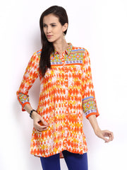 Global Desi Orange &amp; Off-White Printed Tunic
