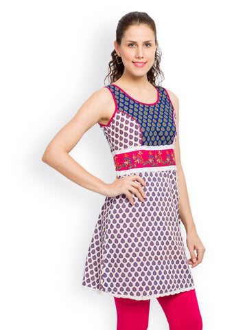 Globus Women White &amp; Blue Printed Kurti
