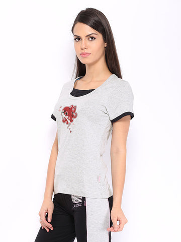 Hanes Women Grey Melange Printed Lounge T-shirt WPC51-003-PR