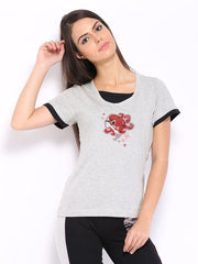 Hanes Women Grey Melange Printed Lounge T-shirt WPC51-003-PR