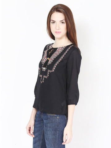 Harpa Women Black Embroidered Top