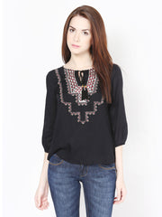 Harpa Women Black Embroidered Top