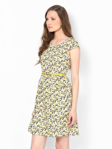 Harpa Yellow Printed Fit and Flare Dress