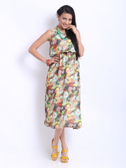 Hotberries Green &amp; Orange Floral Print Blouson Dress