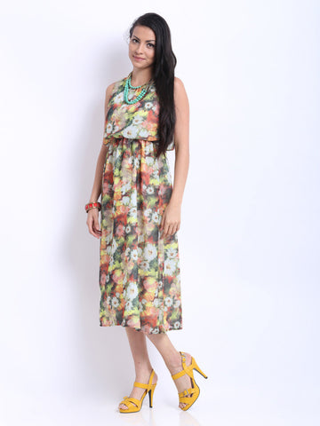 Hotberries Green &amp; Orange Floral Print Blouson Dress