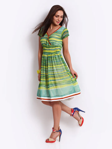 Hotberries Green &amp; Yellow Printed Fit &amp; Flare Dress