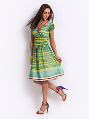 Hotberries Green &amp; Yellow Printed Fit &amp; Flare Dress