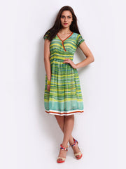 Hotberries Green &amp; Yellow Printed Fit &amp; Flare Dress
