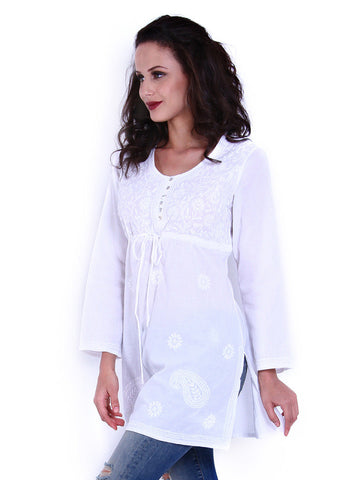 Indi Dori Women White Embroidered Kurti