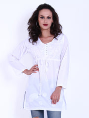 Indi Dori Women White Embroidered Kurti