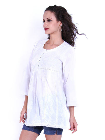 Indi Dori Women White Embroidered Kurti
