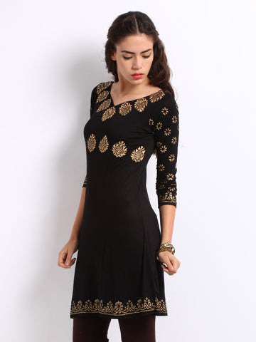 Ira Soleil Women Black &amp; Gold Printed Kurta