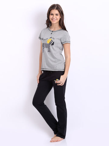 July Nightwear Women Grey Melange &amp; Black Lounge Set A41