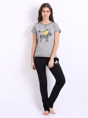 July Nightwear Women Grey Melange &amp; Black Lounge Set A41