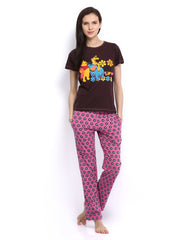 July Nightwear Women Dark Brown &amp; Pink Printed Lounge Set B42