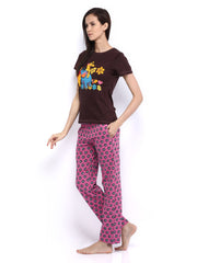 July Nightwear Women Dark Brown &amp; Pink Printed Lounge Set B42