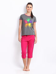 July Nightwear Women Dark Grey Melange &amp; Pink Lounge Set A53