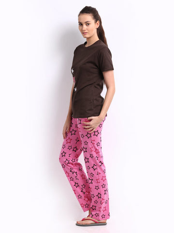 July Nightwear Women Brown &amp; Pink Printed Lounge Set A09