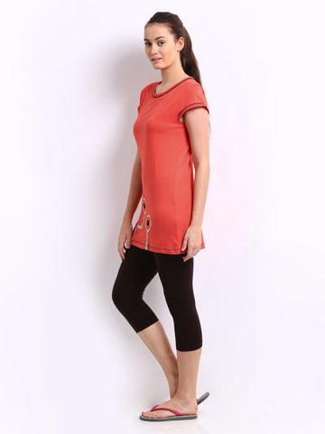 July Nightwear Women Coral Orange &amp; Brown Lounge Set A30