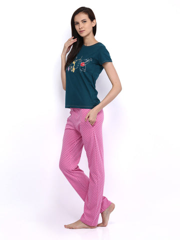 July Nightwear Women Green &amp; Pink Printed Lounge Set B34
