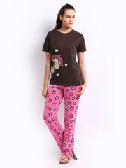 July Nightwear Women Brown &amp; Pink Printed Lounge Set A09