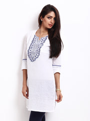 Kira Women White Embroidered Kurta