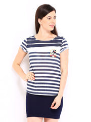 Kook N Keech Disney Women White &amp; Navy Striped T-shirt