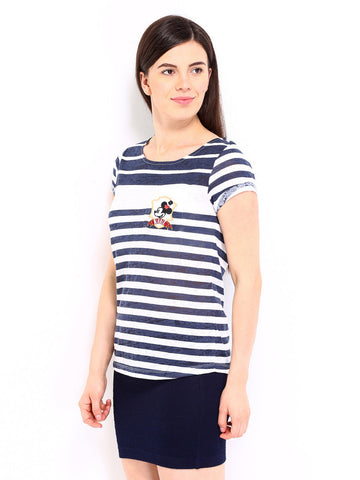 Kook N Keech Disney Women White &amp; Navy Striped T-shirt