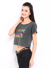 Kook N Keech Women Charcoal Grey Printed Crop Top