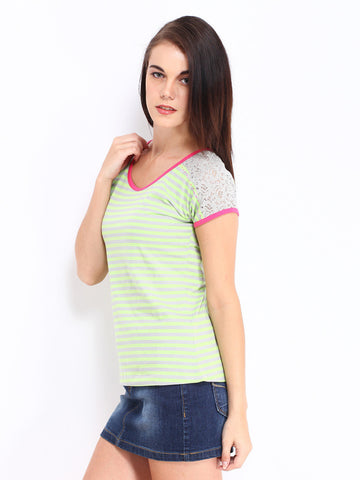 Kook N Keech Women Lime Green &amp; Grey Striped Top