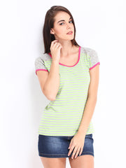 Kook N Keech Women Lime Green &amp; Grey Striped Top