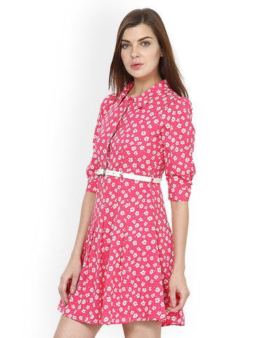 L ELEGANTAE Pink Printed Fit &amp; Flare Dress