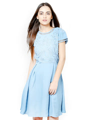 L ELEGANTAE Blue Embroidered Fit &amp; Flare Dress