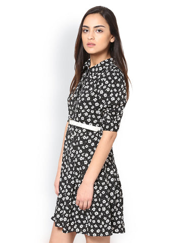 L ELEGANTAE Black Floral Print Shirt Dress