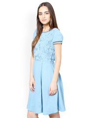 L ELEGANTAE Blue Embroidered Fit &amp; Flare Dress