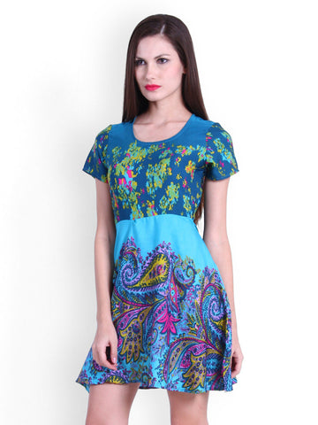 La Zoire Turquoise Blue Printed Fit &amp; Flare Dress